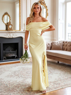 Satin Off the Shoulder Ruffles Sheath Formal Dresses with Bow Party Gowns