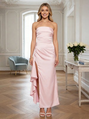Satin Strapless Ruffles Sheath Sleeveless Prom Dresses with Slit