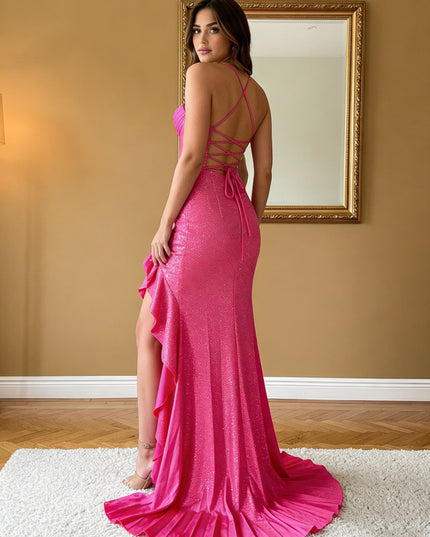 Sequin Strapless Ruffles Mermaid Cowl Neck Prom Dresses with Rhinestone Evening Gowns