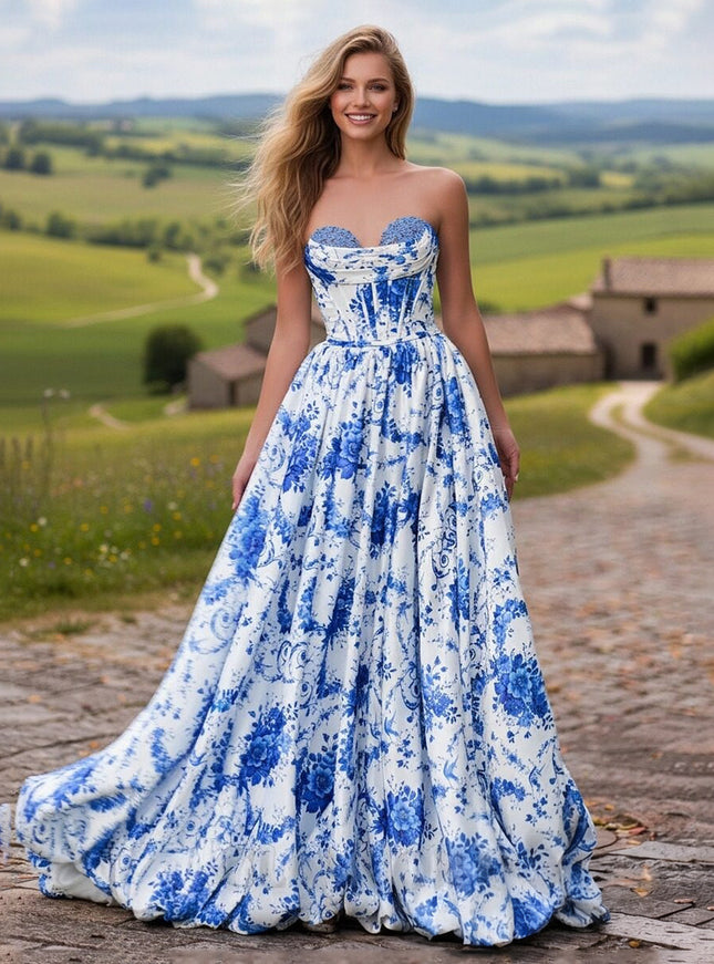 Florla Satin Strapless Ruffles A Line Cowl Neck Prom Dresses Party Evening Gowns