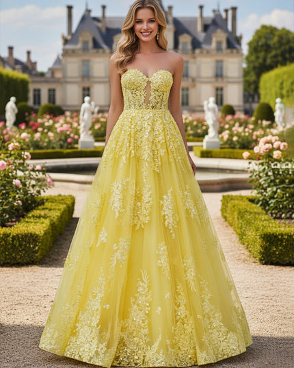 Sequin Applique Strapless Sweetheart A Line Laces Prom Dresses