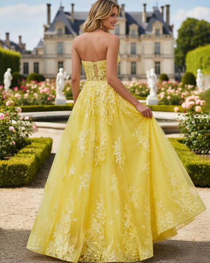 Sequin Applique Strapless Sweetheart A Line Laces Prom Dresses