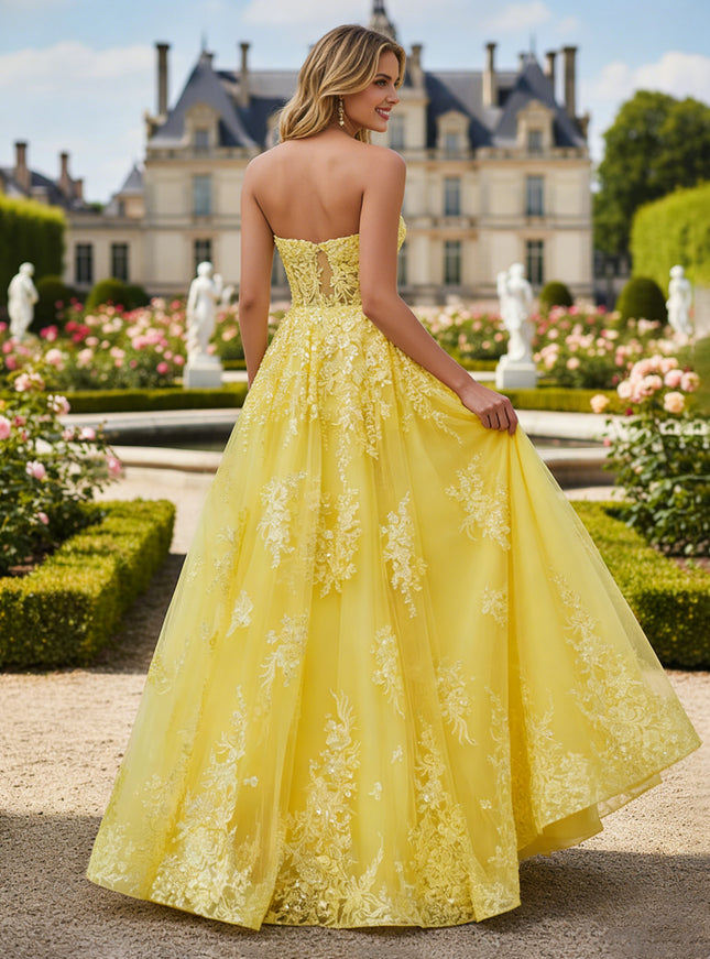 Sequin Applique Strapless Sweetheart A Line Laces Prom Dresses