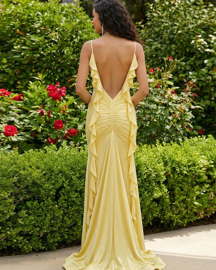 Spaghetti Straps Satin Ruffles Corset Prom Dresses with Slit