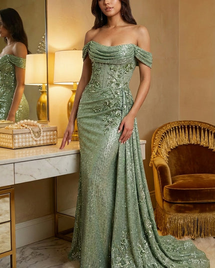 Off the Shoulder Sequin Ruffles Corset Prom Dresses