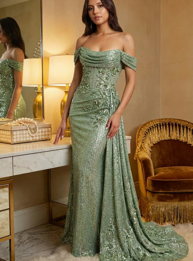 Off the Shoulder Sequin Ruffles Corset Prom Dresses