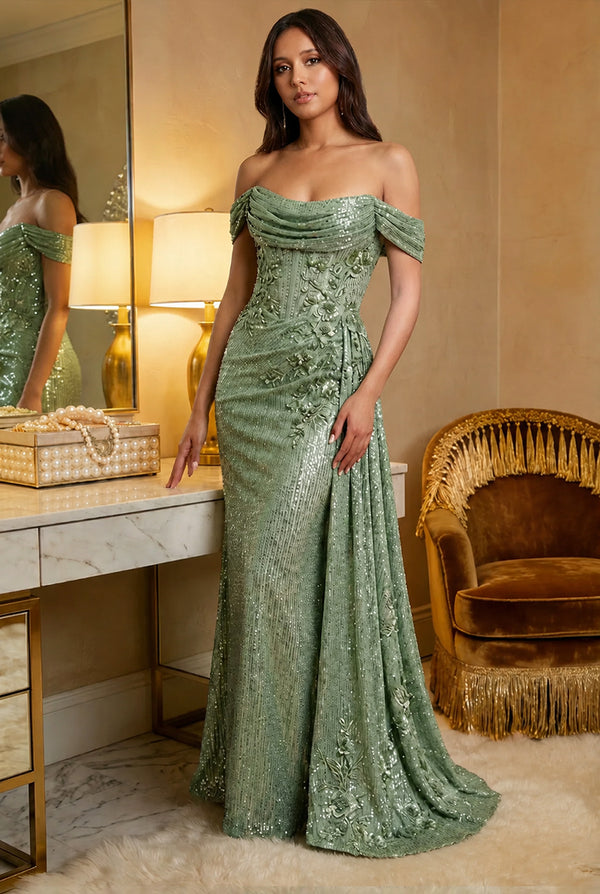Off the Shoulder Sequin Ruffles Corset Evening Dresses