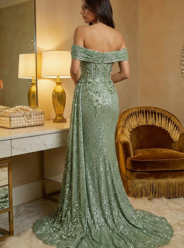 Off the Shoulder Sequin Ruffles Corset Prom Dresses