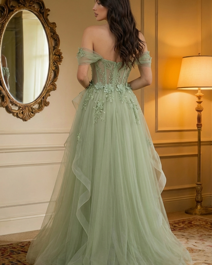 Off the Shoulder Tulle Ruffles Corset Prom Dresses