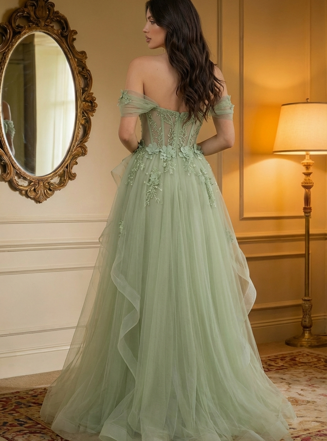 Off the Shoulder Tulle Ruffles Corset Prom Dresses
