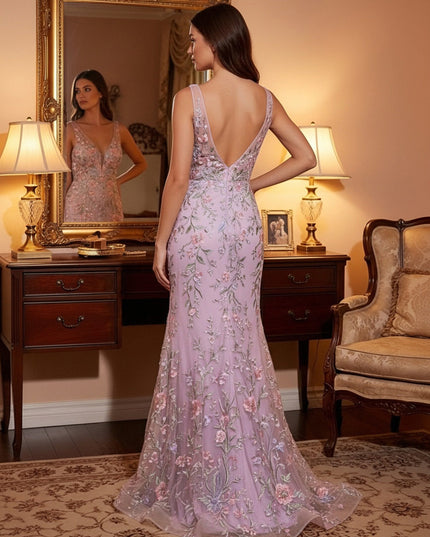 V Neck 3D Flower Corset Prom Dresses with Slit