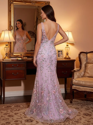 V Neck 3D Flower Corset Prom Formal Dresses with Slit Evening Gowns
