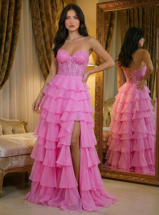 Sweetheart Layered Ruffles Corset Prom Dresses with Slit