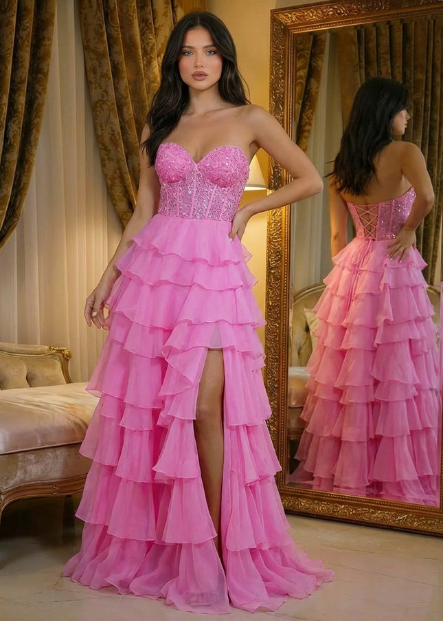 Sweetheart Layered Ruffles Corset Prom Dresses with Slit