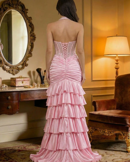 Halter Layered Ruffles Corset Pleated Prom Dresses with Slit