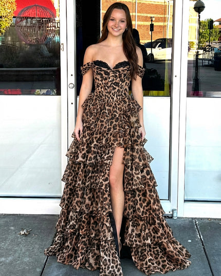 Leopard Off the Shoulder Layered Corset Prom Dresses with Slit