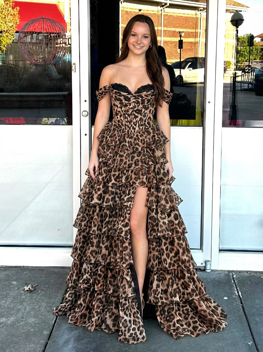 Leopard Off the Shoulder Layered Corset Prom Dresses with Slit