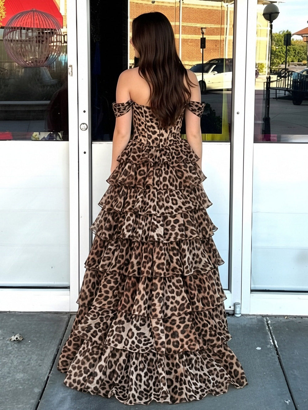 Leopard Off the Shoulder Layered Corset Prom Dresses with Slit