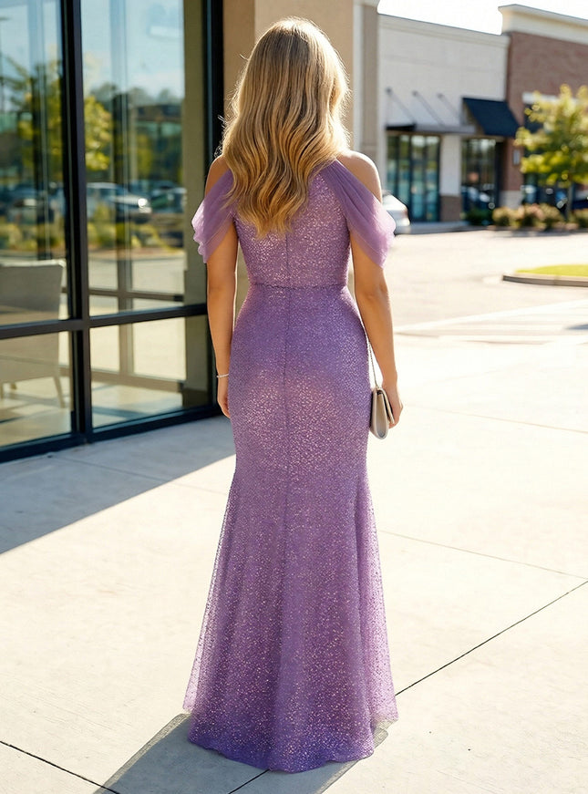 Sequin Sheath Halter Split Prom Dresses Cold Shoulder Evening Gowns