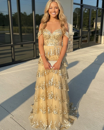 Sequin Applique Off the Shoulder A-Line Prom Dresses Layered Party Gowns