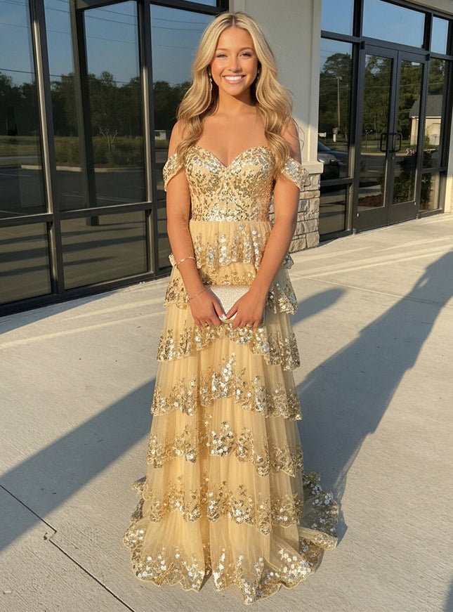 Sequin Applique Off the Shoulder A-Line Prom Dresses Layered Party Gowns