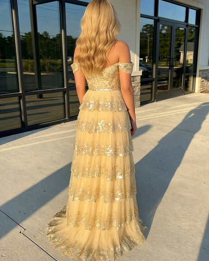 Sequin Applique Off the Shoulder A-Line Prom Dresses Layered Party Gowns