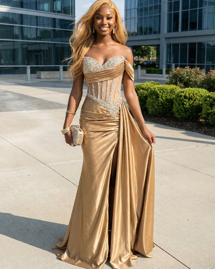 Sequin Off the Shoulder Mermaid Prom Dresses with Pleats Evening Gowns