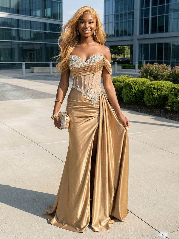 Sequin Off the Shoulder Mermaid Prom Dresses with Pleats Evening Gowns