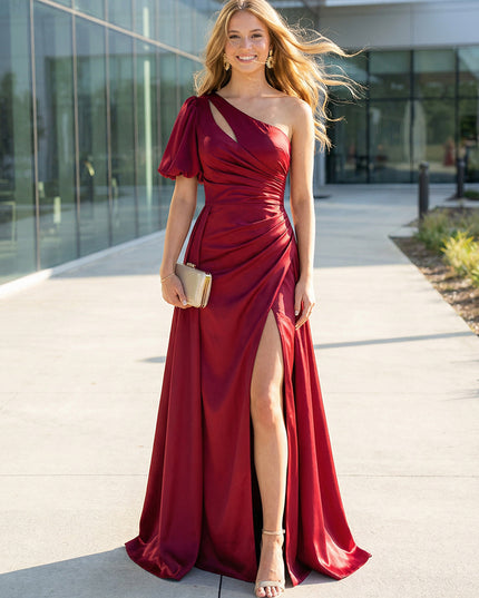 Satin One Shoulder Pleats A-Line Prom Dresses with Slit Wedding Guest Dresses