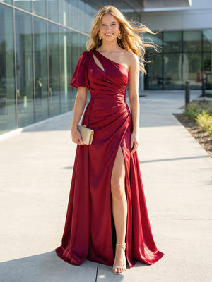 Satin One Shoulder Pleats A-Line Prom Dresses with Slit Wedding Guest Dresses
