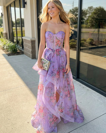 Floral Strapless Sweetheart Ruffles Prom Dresses with Slit