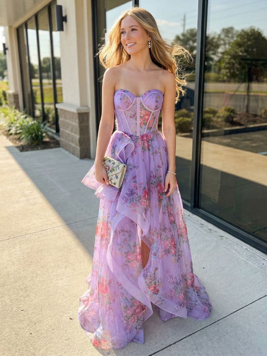 Floral Strapless Sweetheart Ruffles Prom Dresses with Slit