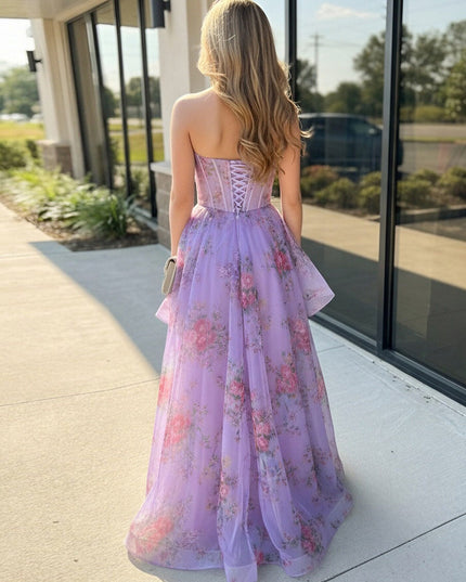 Floral Strapless Sweetheart Ruffles Prom Dresses with Slit