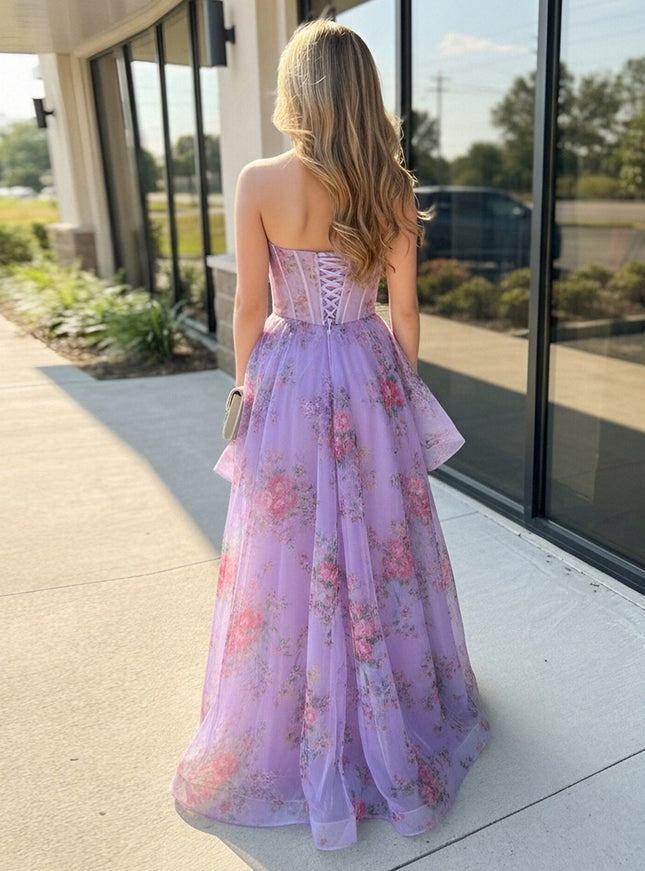 Floral Strapless Sweetheart Ruffles Prom Dresses with Slit