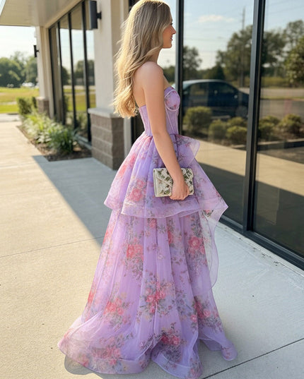 Floral Strapless Sweetheart Ruffles Prom Dresses with Slit