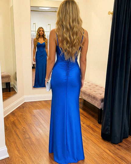 Satin Spaghetti Straps Cowl Neck Pleats Prom Dresses with Slit