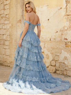 Shimmering Tulle Off Shoulder Floral Lace Appliques Sweetheart Tiered Prom Dresses Corset A-Line Maxi Ball Gowns with Slit