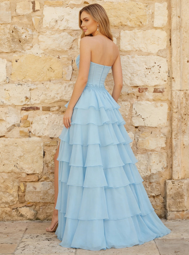 Chiffon Strapless Sweetheart Tiered Prom Dresses Ruched Corset A-Line Maxi Ball Gowns with Slit