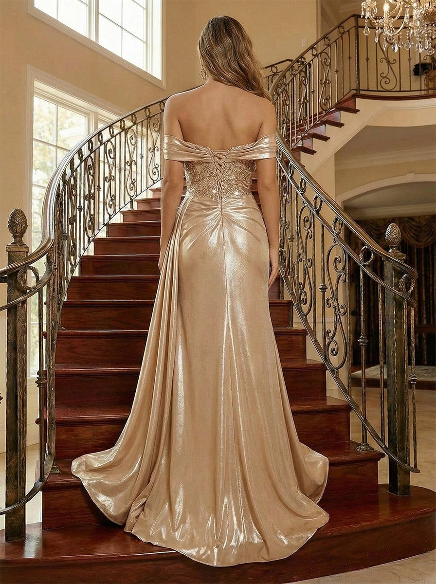 Spaghetti Straps Lace Appliques Satin Off the Shoulder Mermaid Formal Dresses with Slit
