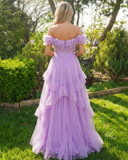 Tulle Ruffles V Neck Tiered A Line Off the Shoulder Prom Dresses