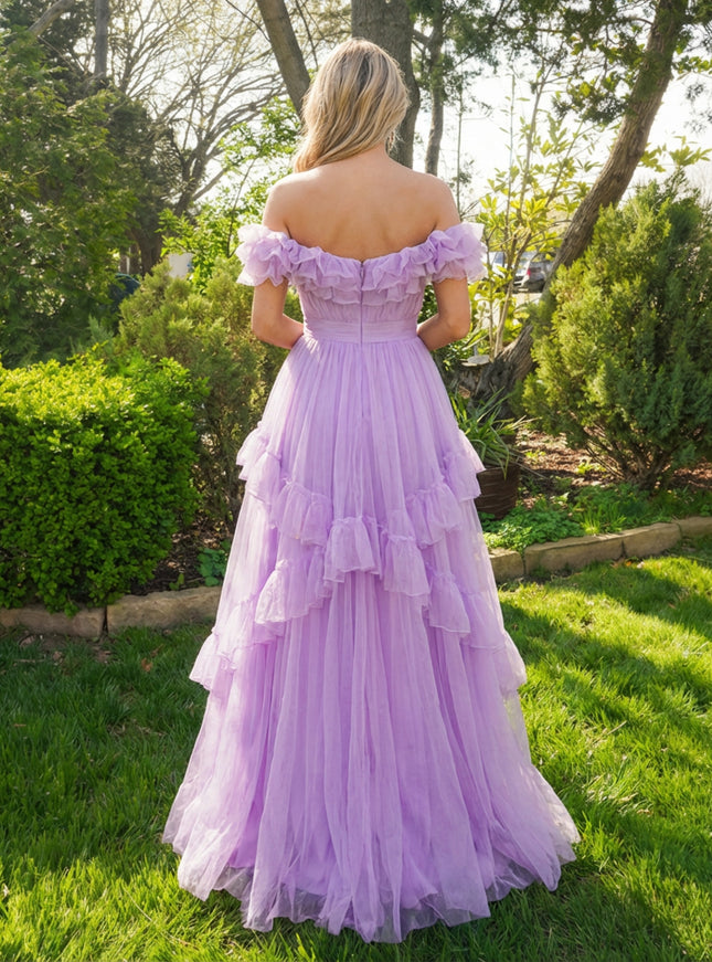 Tulle Ruffles V Neck Tiered A Line Off the Shoulder Prom Dresses
