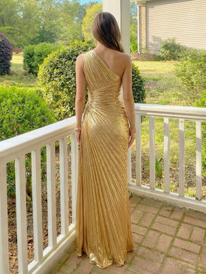 One Shoulder Pleated Satin A Line Formal Dresses