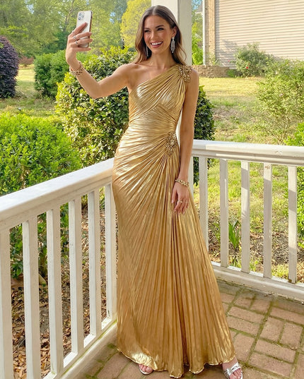 One Shoulder Pleated Satin A Line Prom Dresses