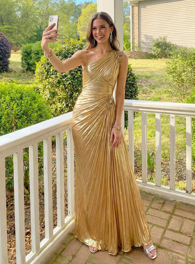 One Shoulder Pleated Satin A Line Prom Dresses