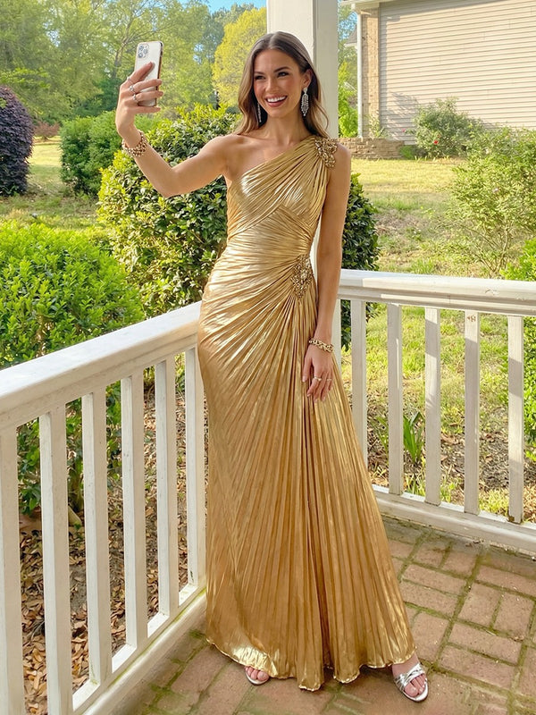 One Shoulder Pleated Satin A Line Formal Dresses
