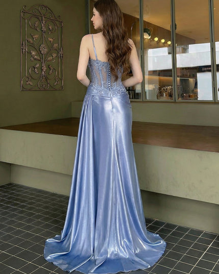 Spaghetti Straps Lace Appliques Satin V Neck Mermaid Prom Dresses with Slit