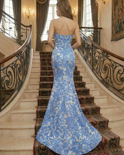 Sweetheart Tulle Sleeveless Floral Print Mermaid Prom Dresses with Slit