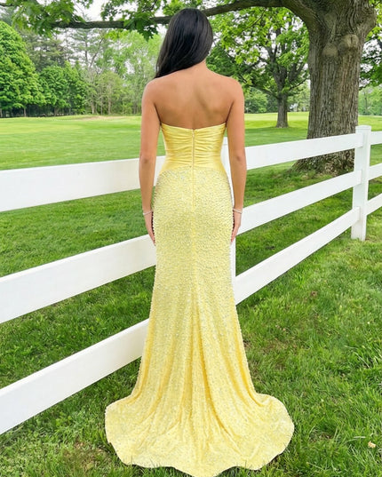 Sparkly Satin Cut Out Strapless Mermaid Prom Dresses with Slit