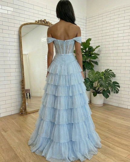 Tulle Off the Shoulder Tiered Strapless Bow A Line Prom Dresses
