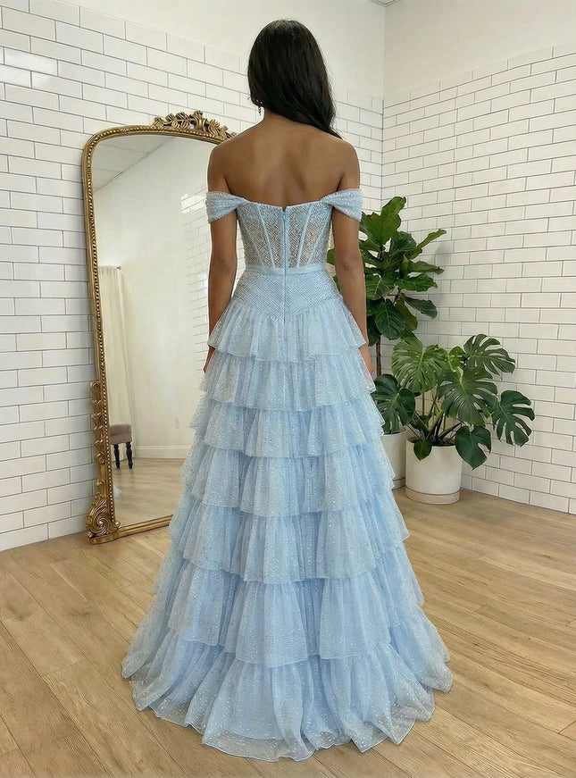 Tulle Off the Shoulder Tiered Strapless Bow A Line Prom Dresses
